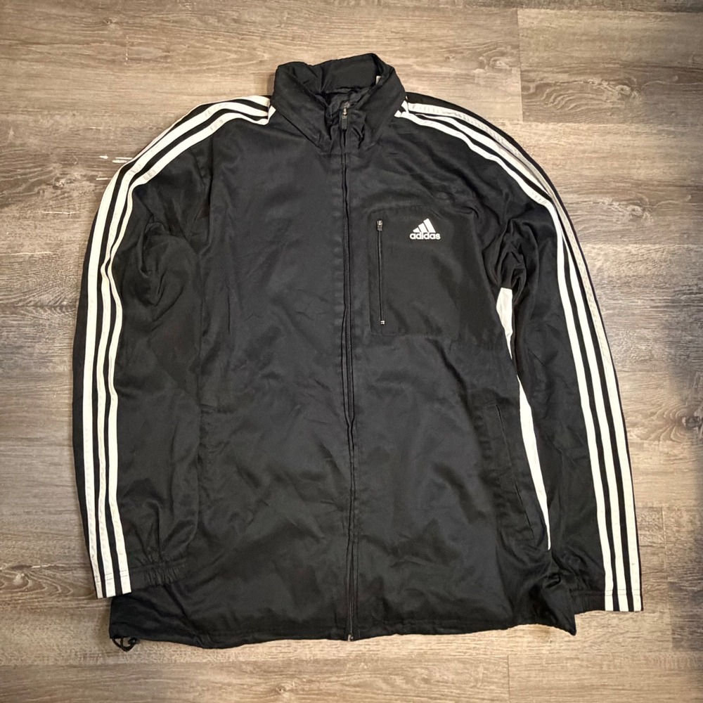 Adidas Mens Black White Three Stripe Full Zip Track Jacket Mesh Lined Large